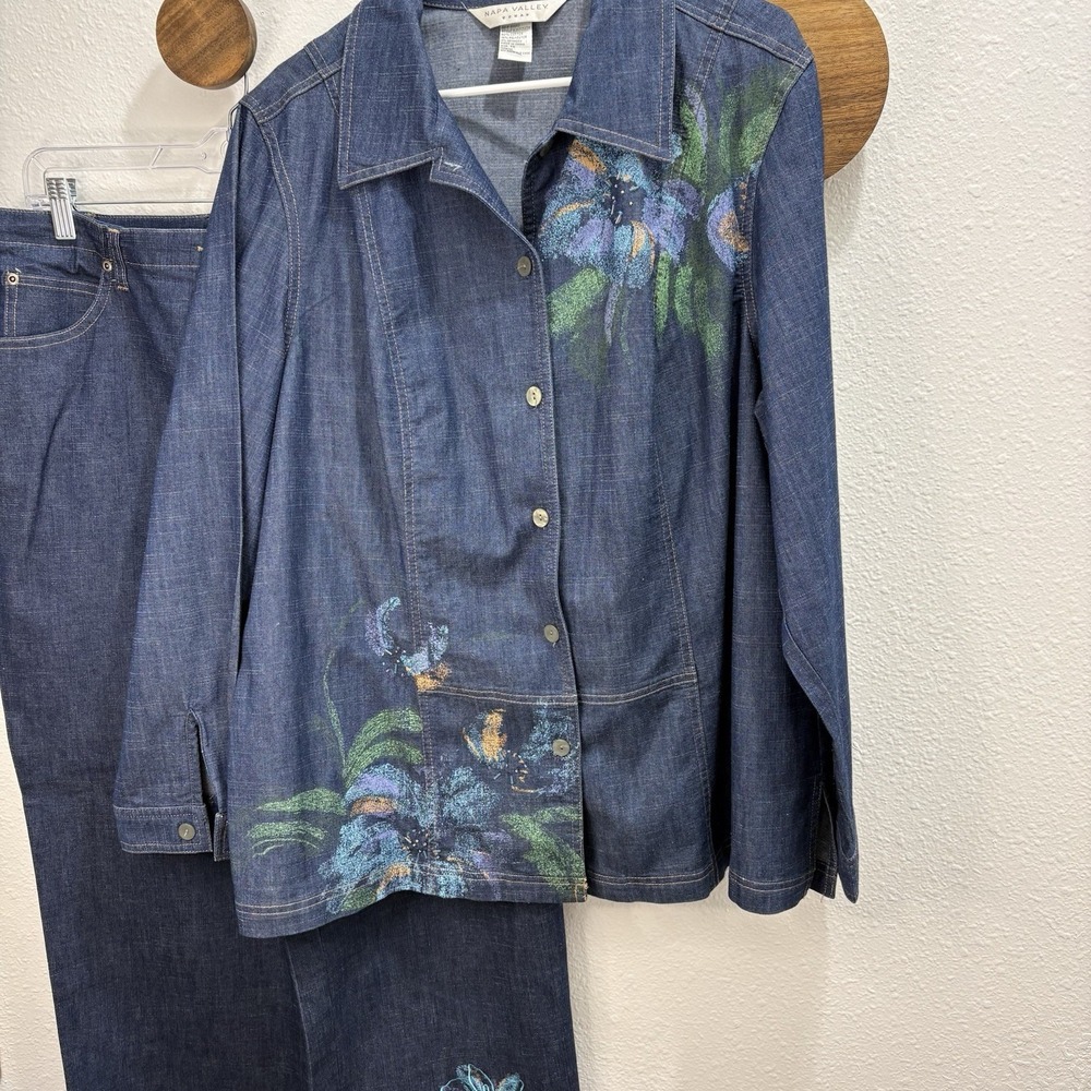 VTG Napa Valley Floral Denim Shirt & Pant 2-piece Set Womens 1X/1W Cottagecore